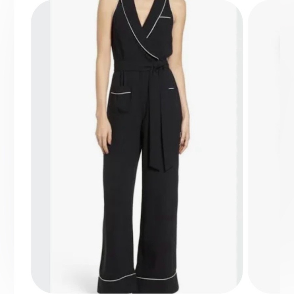 ✅ Nordstrom Leith Wrap Surplice Jumpsuit Black W/white Piping Women’L. Size